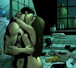 2d arm_around_neck athletic athletic_male background bath bathtub batman batman_(series) biceps black_hair bodybuilder breasts_on_chest brown_hair bruce_wayne canon closed_eyes clothes_removed dc dc_comics detailed_background duo female holding hugging indoors kissing long_hair male mirror muscles muscular muscular_male night nude reflection romantic short_hair side_view standing straight talia_al_ghul window