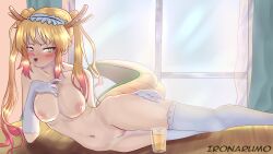 1girls big_breasts blonde_female blonde_hair blush breasts dragon_girl dragon_horns dragon_tail female female_focus female_only gloves headband horns ironarumo juice kobayashi-san_chi_no_maidragon laying_down laying_on_side laying_on_table looking_at_viewer maide maide_headdress miss_kobayashi's_dragon_maid multicolored_hair nipples nude nude_female open_mouth orange_eyes pussy soda solo solo_female solo_focus table tail thick_thighs thighhighs thighs tohru_(dragon_maid) twintails undressed white_gloves white_thighhighs