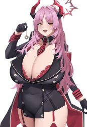 1girls artist_request belly_visible_through_clothing big_breasts blue_archive coin_on_string female female_only garter_belt gehenna_academy_student halo horns mole_on_breast pink_hair satsuki_(blue_archive) uniform