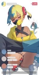 1girls absurdres aqua_hair bar_censor black_halterneck black_panties blonde_hair blue_eyes blue_nails breasts canari_(pokemon) canary_(pokemon) censored chat_log cleavage clothes_pull clothing_aside commentary_request criss-cross_halter dark-skinned_female dark_skin drelouder eelektross female halterneck highres jacket large_breasts livestream looking_at_viewer mask mouth_mask multicolored_clothing multicolored_hair multicolored_mask multicolored_pants nail_polish object_insertion panties panties_aside pants pants_pull poke_ball poke_ball_(basic) poke_ball_insertion pokemon pokemon_(creature) pokemon_legends:_z-a pussy shibirudon single_off_shoulder sitting split-color_hair twintails two-tone_clothing two-tone_mask two-tone_pants underwear vaginal_object_insertion vaginal_penetration yellow_jacket yellow_nails