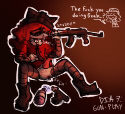 bleeding_from_anus blood_drip blush gun lube_bottle murder_drones nulogonepostal oc red_hair rifle sucking tentacle_penis worker_drone