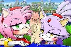 absurd_res accessory amy_rose anthro big_penis blaze_the_cat blush bodily_fluids domestic_cat double_fellatio eulipotyphlan felid feline felis fellatio female genitals green_eyes green_hill_zone group hair hair_accessory hand_on_leg hand_on_thigh hedgehog hero hi_res huge_cock licking lidded_eyes looking_at_viewer male male/female mammal oral outside_sex penile penis ponytail pov_blowjob princess royalty saliva sega seminalspatz sex sonic_(series) sonic_the_hedgehog sonic_the_hedgehog_(series) text tongue trio yellow_eyes
