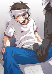 2boys against_wall blood brown_hair bruises bulge crotch erection headband male_focus multiple_boys shima_kyousuke shoes sitting solo_focus undressing wince yaoi