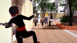 1boy 3d 4girls beach_ball black_hair black_hair_female blake_belladonna blonde_female blonde_hair clothed_female littlered-rose long_hair long_hair_female pulling red_highlights robotic_arm ruby_rose rwby team_rwby weiss_schnee white_hair white_hair_female yang_xiao_long