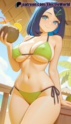 1girls 2025 ai_generated artist_name beach_chair beer_mug bikini blush breasts bust chest coconut covered_nipples cup day drinking_glass drinking_straw electroworld female food fruit glass green_bikini hair_ornament hi_res high_quality high_resolution highres holding_tray lemon lemon_slice liko_(pokemon) nail_polish navel orange_(fruit) orange_slice palm_tree pancake patreon patreon_username plate pokemon side-tie_bikini side-tie_panties sitting sky smile solo stable_diffusion swimsuit table tray watermark