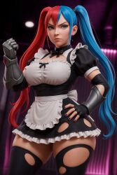 3d 3d_(artwork) ai_generated anime backstabbed_in_a_backwater_dungeon backstabbed_in_a_backwater_dungeon_my_trusted_companions_tried_to_kill_me_but_thanks_to_the_gift_of_an_unlimited_gacha_i_got_lvl_9999_friends_and_am_out_for_revenge blue_eyes blue_hair clothed futanari huge_thighs ice_heat maid_outfit multicolored_hair red_hair ripped_clothing twintails