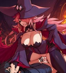 1boy 1girls ai_generated big_breasts blazblue cowgirl_position cum_inside femdom hand_over_mouth konoe_a_mercury large_breasts nine_the_phantom rape reverse_rape sex