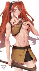 1girls abs alternate_hairstyle artist_name big_breasts bike_shorts bike_shorts_under_skirt blush breasts busty eris_greyrat female female_only hairband highres large_breasts legs lifting_own_clothes long_hair looking_at_viewer midriff mushoku_tensei navel puckered_lips red_eyes red_hair sensual sexy solo sweat sword tank_top teasing thighs underboob voluptuous weapon wooden_sword