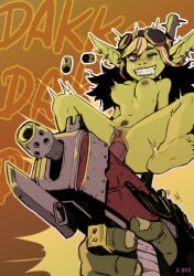 1boy 1girl :d ;d black_hair breasts clitoral_piercing colored_skin commentary d-rex english_commentary female_goblin female_pubic_hair goblin green_skin gretchin grin gun highres jewelry long_hair navel nipple_piercing nipples object_insertion one_eye_closed original ork piercing pointy_ears pubic_hair pussy pussy_piercing smile solo_focus vaginal vaginal_object_insertion warhammer_(franchise) warhammer_40k weapon