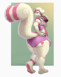 5_fingers ankle_markings anthro arm_markings ass barefoot beverage big_bulge big_butt biped border bottomwear bubble_tea bulge butt_markings choker_(marking) claws closed_smile clothed clothed_anthro clothed_male clothing container countershade_fur countershade_torso countershading cup curled_tail detailed_bulge digital_media_(artwork) drinking_straw drinking_straw_in_mouth eyebrows feet femboy finger_claws fingerpads fingers full-length_portrait fur genital_outline gorrister gradient_background green_background green_eyes hair hand_on_hip hand_on_own_hip heart_(marking) hi_res holding_beverage holding_container holding_cup holding_object humanoid_hands inner_ear_fluff leg_markings lips looking_back male male_anthro mammal markings mephitid mouth_closed multicolored_body multicolored_fur nargle nargle_(nargleflex) pawpads penis_outline pink_body pink_bottomwear pink_clothing pink_countershading pink_ears pink_fur pink_lips pink_markings pink_nose pink_pawpads pink_shorts pink_soles pink_stripes pink_topwear plantigrade portrait purple_bottomwear purple_claws purple_clothing purple_finger_claws purple_shorts purple_topwear shaded shorts simple_background skunk skunk_tail smile solo standing striped_body striped_fur striped_markings striped_skunk striped_tail stripes tail tail_markings thick_bottom_lip thick_thighs three-quarter_view topwear tuft two_tone_body two_tone_fur walking white_body white_border white_eyebrows white_fur white_hair white_inner_ear white_inner_ear_fluff wide_hipped_anthro wide_hipped_male wide_hips