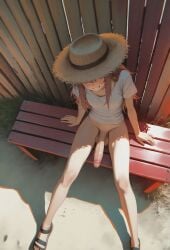 1futa against_wall ai_generated bench big_balls big_penis blush bottomless brown_hair day devaster exhibitionism eyeless eyeless_futa female from_above futanari intersex long_hair long_hat outdoors penis public public_exposure sand sandals shirt short_sleeves sitting slender_waist small_breasts solo solo_futa teeth testicles veiny_penis wooden_wall