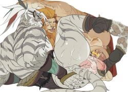 1boy afk_(series) afk_journey animal_ears anus ass bara barefoot brutus_(afk) chinese_commentary claws closed_eyes commentary commentary_typo erection from_behind furry furry_male grabbing_own_tail highres kantocryz kordan_(afk) leg_lift lion_boy lion_ears lion_mane lion_tail looking_at_viewer male_focus muscular muscular_male nipples no_male_underwear pawpads pectorals penis ponytail precum precum_drip saliva saliva_trail tail testicles tiger_boy tiger_ears tiger_stripes tiger_tail tongue tongue_out white_background