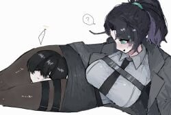 1boy 1girls belt_accessory confused_face confused_look dying_male full_stop_office_(identity) head_between_legs head_between_thighs headscissor heterochromia hong_lu hong_lu_(limbus_company) honglulove limbus_company male_death oblivious ponytail project_moon rule_63 skirt sparkling_eyes squeezing_head thigh_squish tied_hair trenchcoat yi_sang_(limbus_company) yi_sang_(project_moon)
