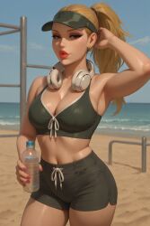 ai_generated armpits athletic_female beach blonde_hair chatgpt cleavage earrings eyeshadow female headphones headphones_around_neck holding_object midriff narrow_waist ocean_background one_hand_behind_head ponytail puffy_lips railing rgomez007 solo_female sports_shorts sportswear sporty_outfit stalbe_diffusion string visor water_bottle