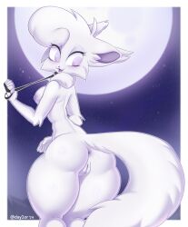 anthro anus artist_name border breasts collar day1or detailed_background female fur genitals hi_res leash leash_pull liene_(day1or) looking_back moon neck_tuft nipples open_mouth purple_eyes purple_inner_ear rear_view sky solo star starry_sky tail text tuft vulva white_body white_fur