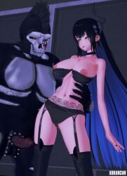 3d arrancon beringel black_hair black_hair_female blue_streak bra breasts crossover erect_penis grimm_(rwby) half-dressed half_naked half_naked_female hololive hololive_english horn long_hair long_hair_female mohawk monster monster_boy monster_cock monster_on_female nerissa_ravencroft rwby sticking_out_tongue underwear virtual_youtuber vtuber