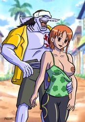 arlong assisted_exposure bad_end breasts clothing female male mideax molestation nami_(one_piece) nipples no_bra one_breast_out one_piece outdoors outside pre-timeskip public undressing