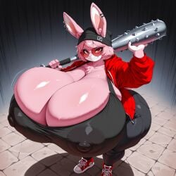 ai_generated angel_the_bunny anthro baseball_bat big_ass big_breasts breasts_bigger_than_head bunny furry furry_female holding_weapon huge_ass huge_breasts hyper hyper_breasts large_ass large_breasts looking_at_viewer massive_breasts pink_fur pink_hair red_eyes red_glasses sharp_teeth spiked_bat tagme tenshi1499 thick_thighs tight_clothes tight_clothing