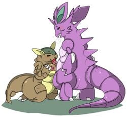 blush breasts colored female interspecies kangaskhan kneeling licking licking_penis male nidoking nipples nude paizuri penis penis_lick pokemon pokemon_(species) standing straight tagme