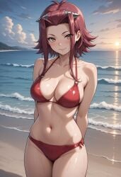 1girls ai_generated bikini cute izayoi_aki red_bikini solo sunset swimsuit yu-gi-oh!_5d's