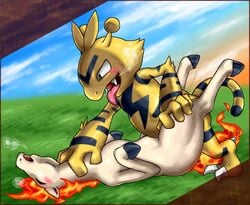 bestiality blush color day electabuzz feral fur male nude outdoors pokemon ponyta sex side_view tagme zoophilia