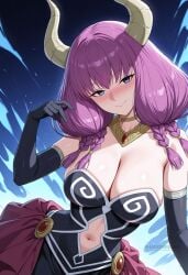 ai_generated aura_(sousou_no_frieren) bare_shoulders black_dress black_gloves blue_eyes blush braid breasts cleavage closed_mouth clothing_cutout demon_girl demon_horns dress elbow_gloves female gloves gold_necklace hand_up horns jewelry large_breasts long_hair looking_at_viewer low-braided_long_hair multiple_braids navel navel_cutout necklace purple_hair shadowrealmarts skirt smile solo sousou_no_frieren uncensored