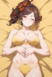 ;) ai_generated bare_shoulders blonde_hair blush bra breasts brown_hair chiori_(genshin_impact) cleavage closed_mouth collarbone female genshin_impact hair_ornament large_breasts looking_at_viewer lying medium_breasts multicolored_hair navel on_back one_eye_closed panties red_eyes shadowrealmarts smile solo stomach thighs uncensored underwear underwear_only yellow_bra yellow_panties