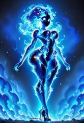 1girls ai_generated blue_body blue_flames blue_skin breasts darkeffect elemental_creature elemental_humanoid female female_focus female_only fire fire_creature fire_hair fire_humanoid flame flames nude solo solo_female solo_focus wide_hips