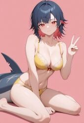 ai_generated bare_shoulders barefoot black_hair blue_hair blush bow bow_bra bow_panties bra breasts cleavage closed_mouth collarbone colored_inner_hair ellen_joe female fins fish_tail hand_up large_breasts looking_at_viewer medium_breasts multicolored_hair navel panties pink_background red_eyes red_hair shadowrealmarts shark_girl shark_tail short_hair simple_background sitting solo stomach tail thighs two-tone_hair uncensored underwear underwear_only v virtual_youtuber wariza yellow_bra yellow_panties