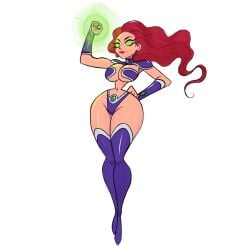 breasts dc_comics gloves green_eyes hand_on_hip large_breasts long_hair navel panties red_eyes revealing_clothes slim_waist starfire stockings tagme thick_thighs topwear vanillasketchy voluptuous wide_hips