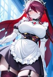 ai_generated alternate_costume apron black_dress blush breasts closed_mouth dress elbow_gloves female fishnets garter_straps gloves habit hair_over_one_eye large_breasts leash looking_at_viewer maid maid_apron multicolored_hair nun puffy_sleeves purple_eyes purple_hair red_hair rosaria_(genshin_impact) shadowrealmarts short_hair short_sleeves skindentation smile solo streaked_hair thighhighs thighs two-tone_dress uncensored white_apron white_gloves