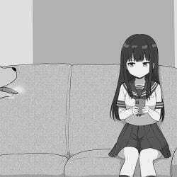 1boy 1girls aitsugu animal_ears canine canine_penis cellphone domestic_dog female feral holding holding_phone interspecies long_hair looking_at_viewer male male/female monochrome on_bed open_mouth original penis phone saliva school_uniform schoolgirl tongue tongue_out vein veins veiny veiny_penis