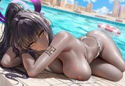ai_generated bikini blue_archive dark-skinned_female dark_hair halo karin_(blue_archive) looking_at_viewer lying nipple_slip nipples ponytail poolside smile sweat swimsuit wet yellow_eyes