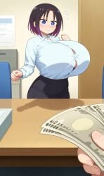 ai_generated black_hair blue_eyes elma_(dragon_maid) huge_breasts miss_kobayashi's_dragon_maid offering_money office_lady two_tone_hair