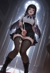 1futa ai_generated balls big_penis black_hair black_lipstick blunt_bangs boots cum cumdrip cumming_on_viewer cumshot dress ejaculation erection frills from_below futa_only futanari goth goth_futa goth_girl_(jamesbron) intersex jamesbron knees_together_feet_apart large_penis legwear lipstick long_hair looking_at_viewer medium_breasts no_panties penis penis_focus purple_eyes smug solo solo_futa standing stockings taker_pov tattoo thick_thighs thighhighs thighs wide_hips