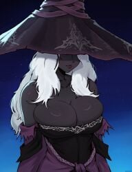 1girls bare_shoulders big_breasts busty cleavage dark-skinned_female dark_skin elden_ring elden_ring_nightreign fat_tits female female_only fromsoftware haolksou huge_breasts large_breasts milf recluse recluse_(nightreign) white_hair witch witch_hat