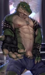 2025 abs anthro biped blue_bottomwear blue_clothing blue_shorts bodily_fluids bottomwear bulge clothing digital_media_(artwork) dog_tags drooling erection erection_under_clothing genitals green_body green_scales humanoid_genitalia humanoid_penis jewelry looking_at_viewer male male_anthro navel necklace non-mammal_navel offering_hand offering_hand_to_viewer pecs penis pupils reptile saliva scales scalie shorts slit_pupils smile smiling_at_viewer solo spiked_clothing spikes white_body white_scales yellow_eyes zephyxus