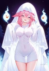 :d ai_generated alternate_costume animal_ears blush breasts collarbone covered_navel cowboy_shot dress female floppy_ears fox_ears ghost ghost_costume ghost_pose hair_between_eyes half-closed_eyes halloween halloween_costume hands_up large_breasts long_hair long_sleeves looking_at_viewer night night_sky open_mouth outdoors pink_hair purple_eyes see-through see-through_silhouette shadowrealmarts shirt sky sleeves_past_fingers sleeves_past_wrists smile solo taut_clothes thigh_gap thighs twitter_username uncensored white_shirt yae_miko