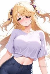 ai_generated alternate_costume blonde_hair blue_pants blush breasts casual collarbone cowboy_shot crop_top denim eyepatch female fischl_(genshin_impact) genshin_impact green_eyes hair_ornament hair_over_one_eye hair_ribbon jeans large_breasts long_hair looking_at_viewer medium_breasts midriff navel pants parted_lips ribbon shadowrealmarts shirt short_sleeves simple_background solo stomach two_side_up uncensored white_background white_shirt