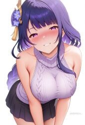 ai_generated alternate_costume bare_arms bare_shoulders black_skirt blush braid braided_ponytail breasts female flower grin hair_flower hair_ornament large_breasts leaning_forward long_hair looking_at_viewer meme_attire miniskirt mole mole_under_eye pleated_skirt purple_eyes purple_hair purple_sweater raiden_shogun shadowrealmarts simple_background skirt sleeveless sleeveless_sweater sleeveless_turtleneck smile solo sweater turtleneck turtleneck_sweater uncensored very_long_hair virgin_killer_sweater white_background
