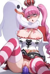 ahe_gao ai_generated alternate_legwear belt black_skirt blunt_bangs blush bow breasts capelet cleavage crown dildo drill_hair drooling female female_masturbation fur-trimmed_capelet fur_trim ghost heart large_breasts long_hair long_sleeves masturbation mini_crown nipples object_insertion one_piece open_mouth perona pink_bow pink_bowtie pink_hair pussy pussy_juice red_capelet rolling_eyes saliva sex_toy shadowrealmarts shirt simple_background sitting skirt solo striped_clothes striped_thighhighs sweat thighhighs thighs tongue tongue_out twintails uncensored vaginal_object_insertion vaginal_penetration white_background white_shirt zoophilia