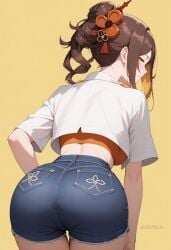 ai_generated ass ass_focus blue_shorts blush breasts brown_hair chiori_(genshin_impact) closed_mouth cowboy_shot crop_top cutoffs denim denim_shorts female from_behind genshin_impact hair_ornament large_breasts leaning_forward long_hair looking_at_viewer looking_back multicolored_hair orange_eyes orange_shirt patreon_username ponytail shadowrealmarts shirt short_shorts short_sleeves shorts sidelocks simple_background solo thigh_gap thighs two-tone_hair uncensored underbutt white_shirt yellow_background