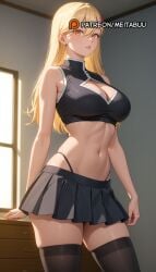 2.5_jigen_no_ririsa ai_generated bare_arms bare_shoulders black_shirt black_skirt black_thighhighs blonde_hair blush breasts cleavage cleavage_cutout clothing_cutout cowboy_shot crop_top female hair_between_eyes hair_ornament heart heart_cutout heart_hair_ornament highleg highleg_panties indoors kisaki_aria large_breasts long_hair looking_at_viewer meitabuu midriff miniskirt navel orange_eyes panties panty_strapskisaki_aria parted_lips pleated_skirt shirt skindentation skirt sleeveless sleeveless_shirt solo standing stomach thighhighs thighs turtleneck underwear window zettai_ryouiki