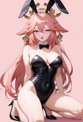 :o ai_generated alternate_costume animal_ears bare_arms bare_legs bare_shoulders black_bow black_bowtie black_footwear black_leotard blush bow bowtie breasts cleavage covered_navel detached_collar earrings fake_animal_ears female floppy_ears fox_ears hair_between_eyes hair_ornament hairband high_heels highleg highleg_leotard jewelry large_breasts leotard long_hair looking_at_viewer open_mouth pink_background pink_hair playboy_bunny purple_eyes rabbit_ears shadowrealmarts simple_background solo squatting strapless strapless_leotard thighs uncensored very_long_hair yae_miko