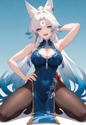 :d ai_generated animal_ear_fluff animal_ears arm_behind_head arm_up armpits bare_arms bare_shoulders black_pantyhose blue_background blue_dress blue_eyes blue_hair breasts china_dress chinese_clothes cleavage cleavage_cutout clothing_cutout covered_navel dress earrings facial_mark feixiao_(honkai:_star_rail) female fox_ears fox_girl gradient_background gradient_hair hand_on_own_hip jewelry large_breasts long_hair looking_at_viewer multicolored_hair no_shoes oerba_yun_fang open_mouth pantyhose parted_bangs pelvic_curtain shadowrealmarts sleeveless sleeveless_dress smile solo squatting tassel thighs uncensored very_long_hair white_hair