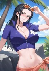 adjusting_eyewear ai_generated arm_up beach black_hair blue_eyes blue_sky blush breasts cleavage cloud collarbone crop_top cropped_jacket day eyewear_on_head female hand_on_eyewear jacket large_breasts long_hair looking_at_viewer midriff navel nico_robin ocean one_piece outdoors palm_tree parted_lips partially_unzipped sarong shadowrealmarts short_sleeves sky smile solo stomach sunglasses sweat tree uncensored zipper zipper_pull_tab