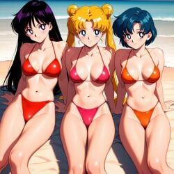 3girls ai_generated akai_yume ami_mizuno bikini bishoujo_senshi_sailor_moon females_only orange_bikini pink_bikini red_bikini rei_hino swimsuit usagi_tsukino