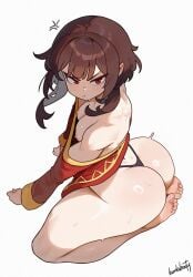 1girls :t ai_assisted ai_generated anger_vein ass barefoot black_choker black_panties breasts brown_hair choker downblouse dress highres honkibooty huge_ass kono_subarashii_sekai_ni_shukufuku_wo! megumin panties pout pov red_eyes short_hair signature small_breasts thick_thighs thighs thong underwear