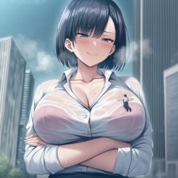 1boy 1girls ai_178f19 ai_generated big_breasts breasts city female female_focus female_only giant_female giant_woman giantess huge_boobs huge_breasts light-skinned_female light_skin male sweat wet_clothes wet_clothing