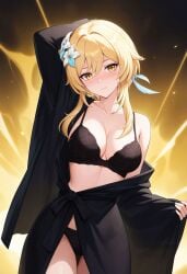 ai_generated arm_behind_head arm_up bare_shoulders black_bra black_panties blonde_hair blush bra breasts cleavage closed_mouth collarbone cowboy_shot feather_hair_ornament feathers female flower genshin_impact hair_between_eyes hair_flower hair_ornament japanese_clothes kimono long_sleeves looking_at_viewer lumine_(genshin_impact) medium_breasts off_shoulder open_clothes panties robe shadowrealmarts short_hair_with_long_locks sidelocks single_bare_shoulder solo thighs uncensored underwear wide_sleeves yellow_eyes